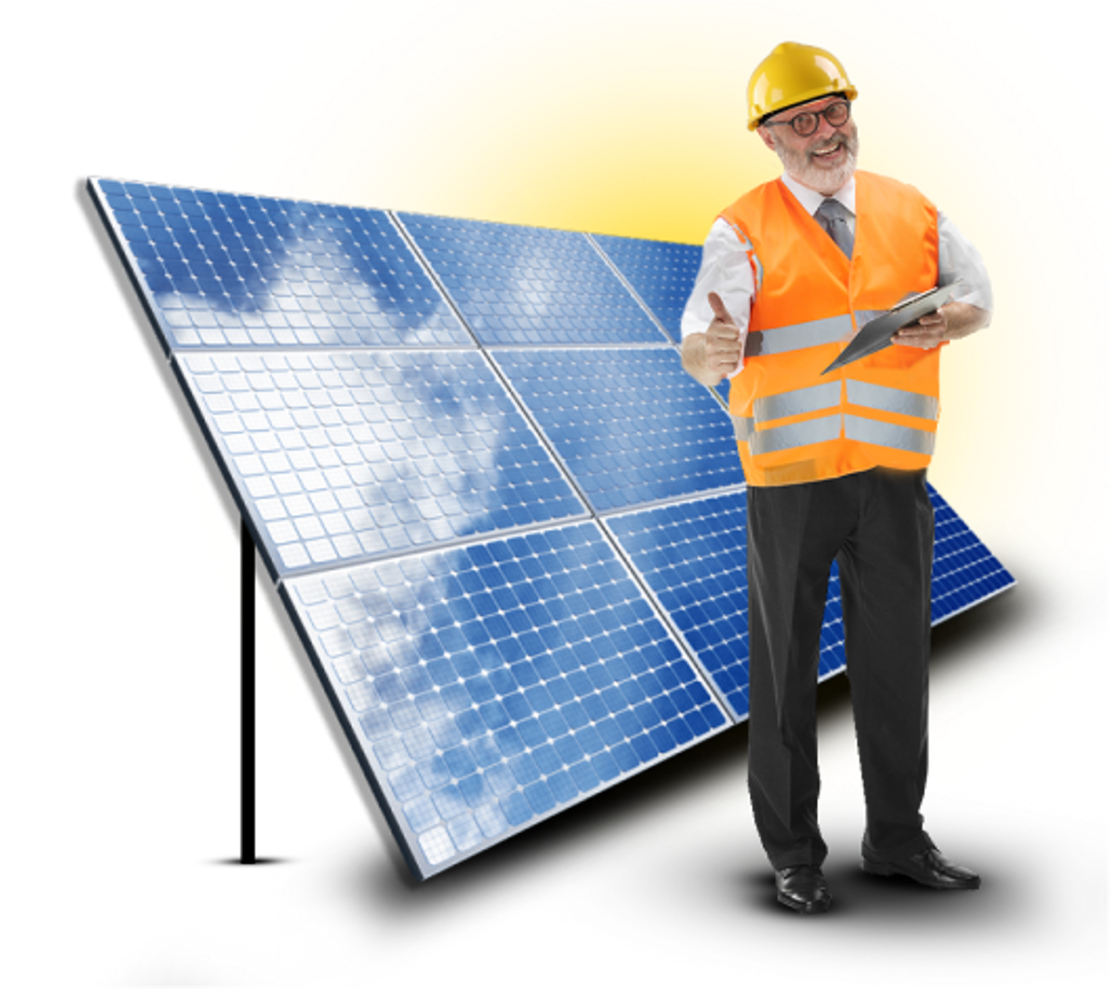 Smiling Man standing by solar panel